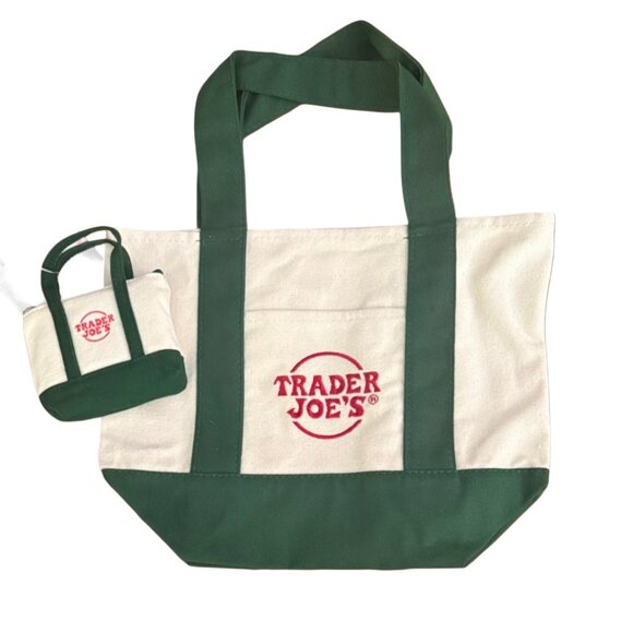 Set of 2 BRAND NEW NWT Large & Micro Trader Joe's Forrest Green Canvas Tote Bags - Picture 2 of 7